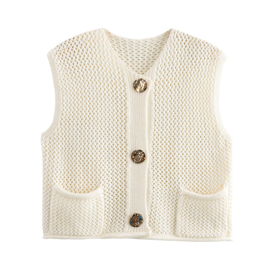 Damen Strickweste mit Taschen und dekorativen Knopfdetails EB