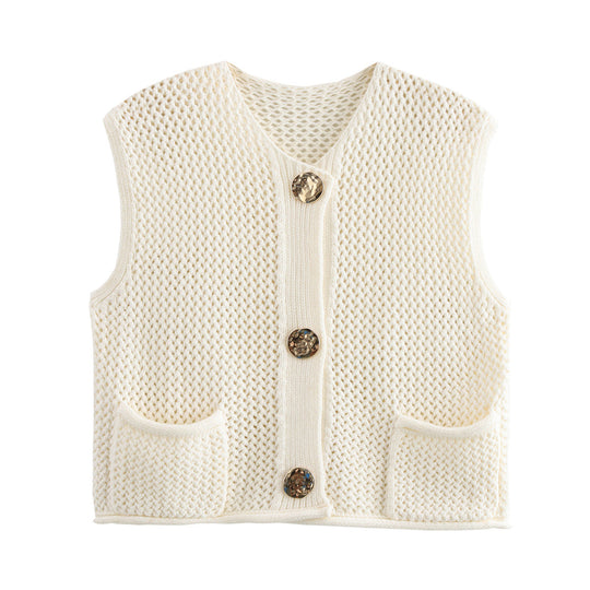 Damen Strickweste mit Taschen und dekorativen Knopfdetails EB