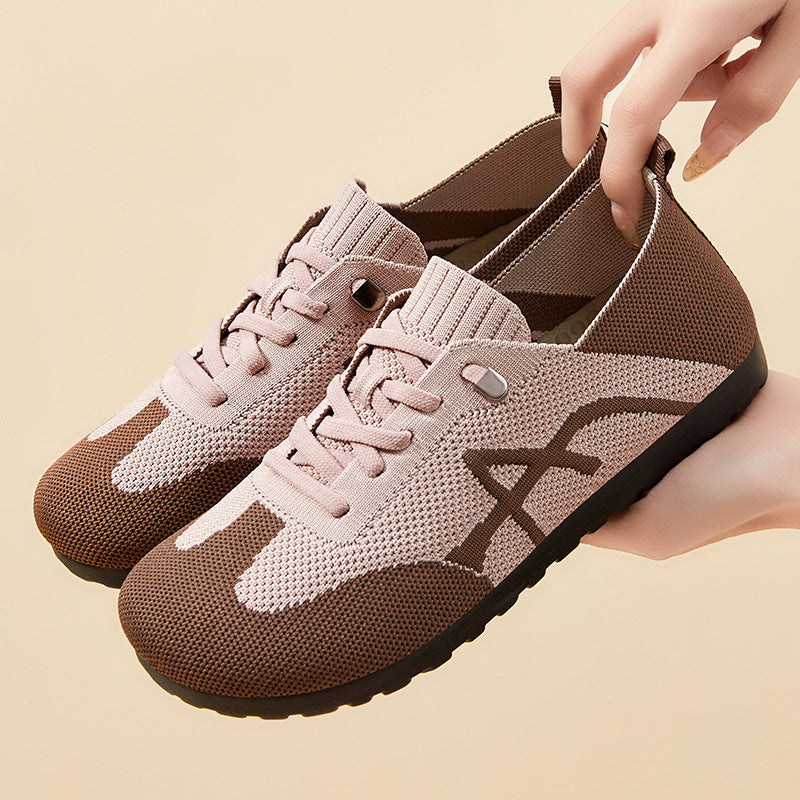 Damen nan komfortabler gestrickter Slip-On Sneaker mit elastischem Schaft, dekorativer Schnürung und flexibler rutschfester Laufsohle EB