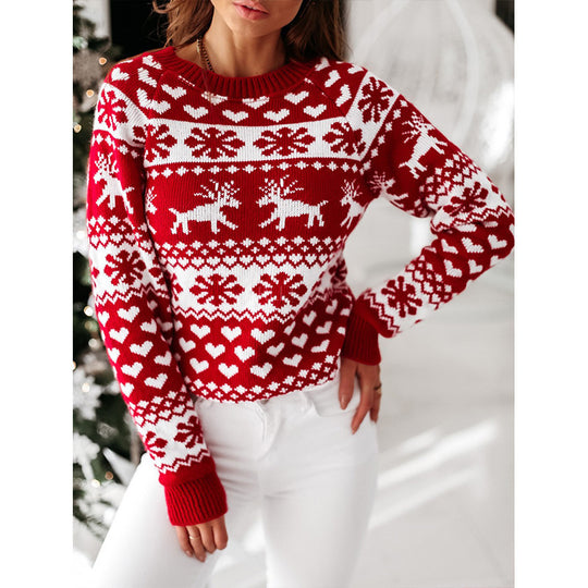 Damen Strickpullover mit weihnachtlichem Muster und Rundhalsausschnitt EB