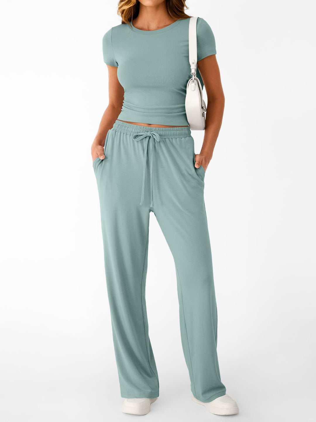 Damen lässiger Freizeitanzug mit kurzen Ärmel und weiten Hosen EB