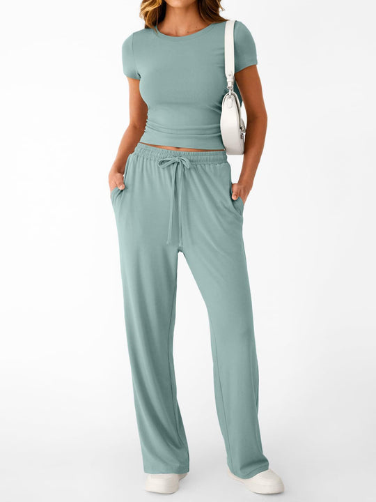 Damen lässiger Freizeitanzug mit kurzen Ärmel und weiten Hosen EB