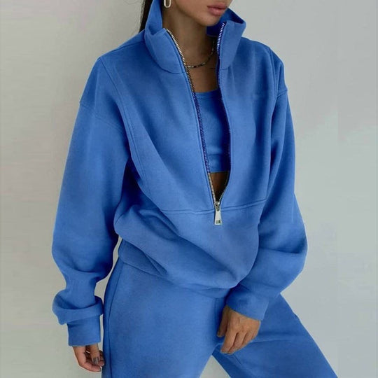 Damen nan kurzes Halbzip-Sweatshirt-und-Jogginghose-Set mit Stehkragen, oversized Schnitt und weichem French-Terry EB