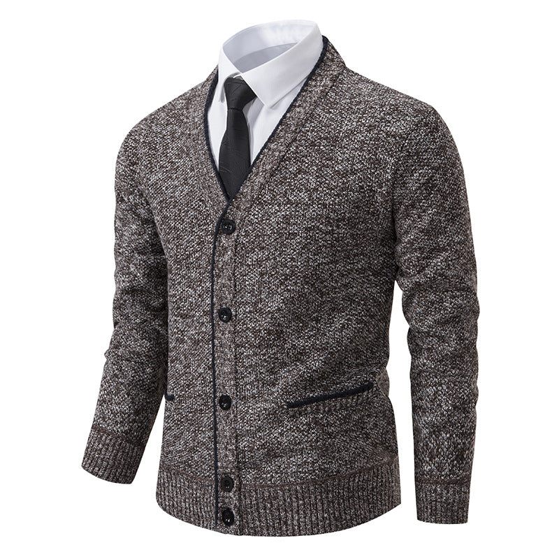 Herren nan melierter Strukturstrick-Cardigan mit V-Ausschnitt, Kontrastkanten und aufgesetzten Taschen EB