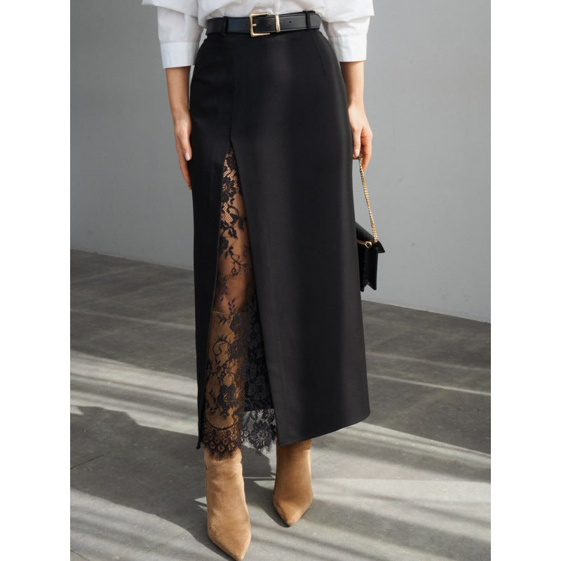 Damen Eleganter Maxirock mit transparentem Spitzeneinsatz und seitlichem Schlitz EB