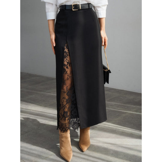 Damen Eleganter Maxirock mit transparentem Spitzeneinsatz und seitlichem Schlitz EB