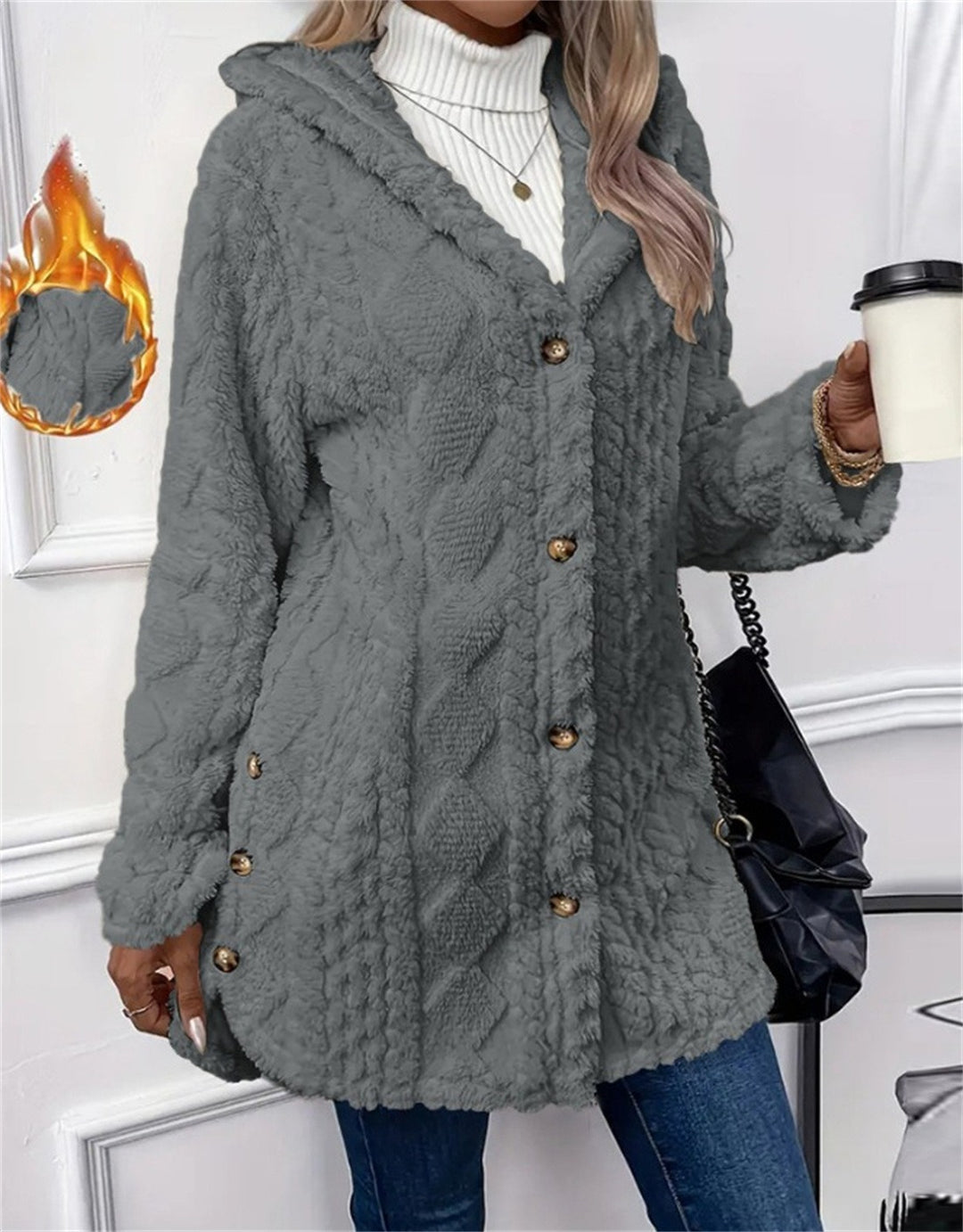 Damen Kuschelige Teddyjacke mit Knopfverschluss EB