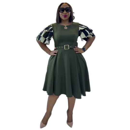 Damen A-Linien Kleid mit eleganten Puffärmeln und Gürtel EB