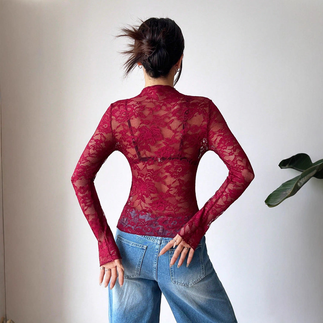 Damen nan figurbetontes transparentes Spitzen-Crop-Top mit hochgeschlossenem Kragen und integrierter Bustier-Form EB