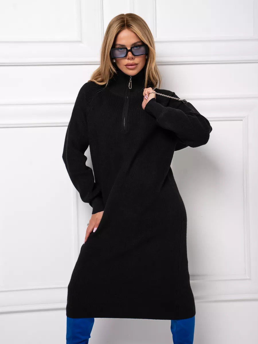 Damen Strickkleid mit Stehkragen und durchgehendem Reißverschluss EB