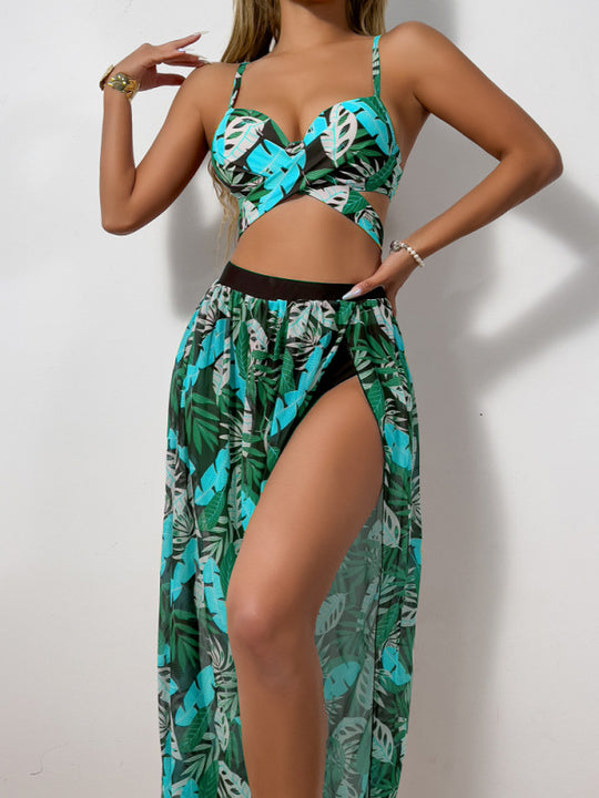 Damen Zweiteiler Bademode mit hohem Beinausschnitt und floralem Design EB