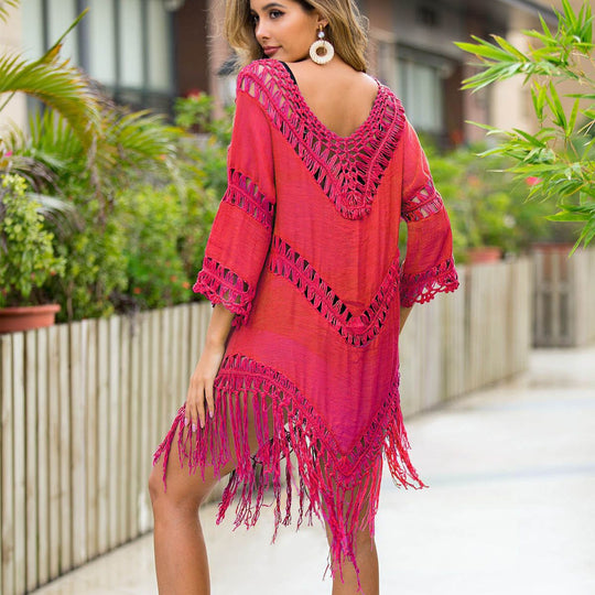 Damen gehäkeltes Strandkleid mit fransigen Details und tiefem V-Ausschnitt EB