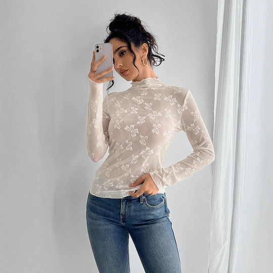 Damen nan figurbetontes durchsichtiges Langarmtop aus Netzstoff mit floraler Stickerei und Stehkragen EB
