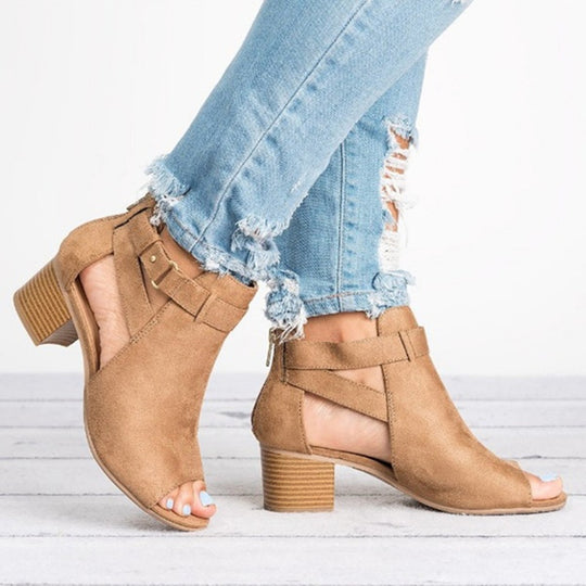Damen Offene Absatzsandalen mit modischen Riemchen und stabiler Laufsohle EB