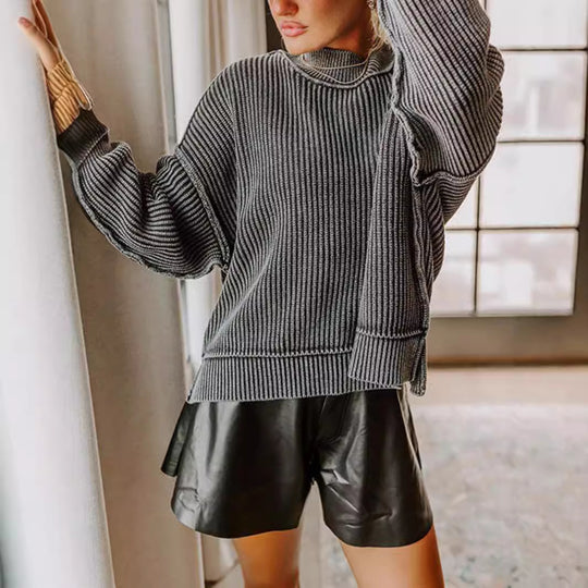 Damen lässiger Strickpullover mit strukturiertem Rippdesign EB