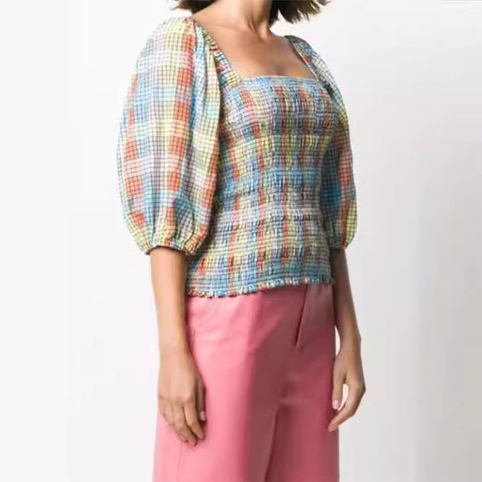Damen Puffärmel Bluse mit kariertem Design EB