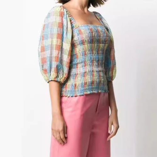 Damen Puffärmel Bluse mit kariertem Design EB