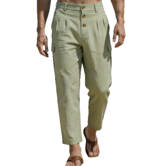 Herren nan lässige Leinen-Cargo-Chino mit Knopfleiste, Bundfalten und gekürzter Knöchellänge EB