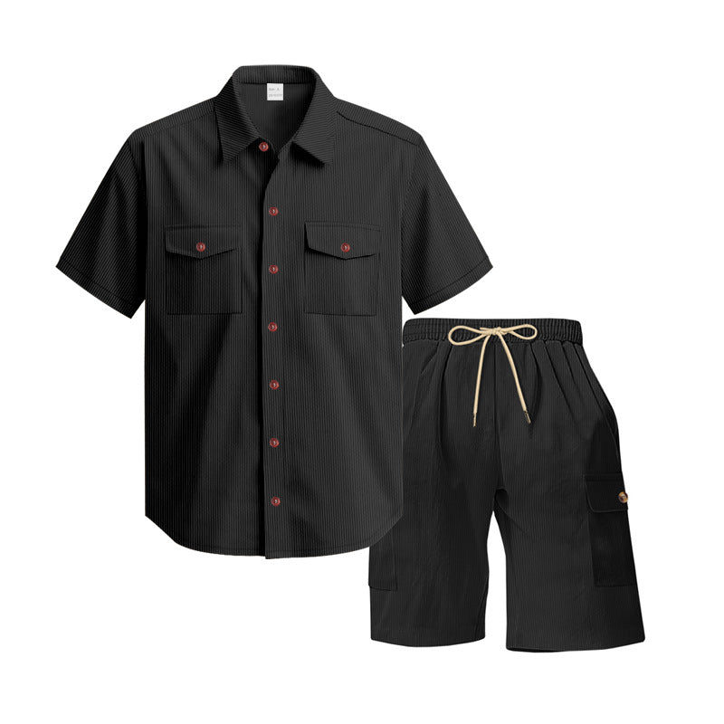 Herren nan strukturiertes Kurzarmhemd und Bermuda-Set mit Pattentaschen und elastischem Bund EB