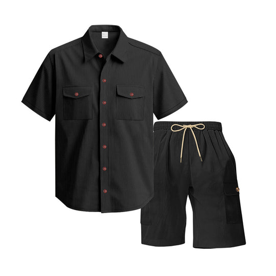 Herren nan strukturiertes Kurzarmhemd und Bermuda-Set mit Pattentaschen und elastischem Bund EB