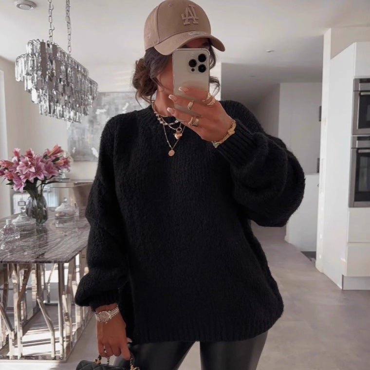Damen Strickpullover mit voluminösen Ärmeln und feiner Struktur EB