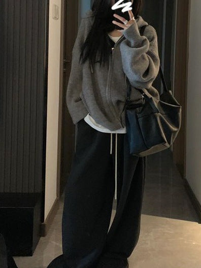 Damen Gemütlicher Strickhoodie mit großzügiger Kapuze und Reißverschluss EB