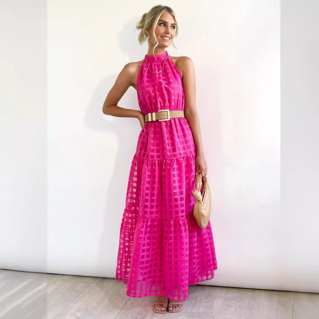 Damen Maxikleid mit raffiniertem Hochkragen und gestuftem Design EB