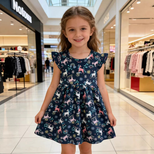 Mädchen Freizeitkleid mit süßen Einhorn- und Blumenmotiven EB