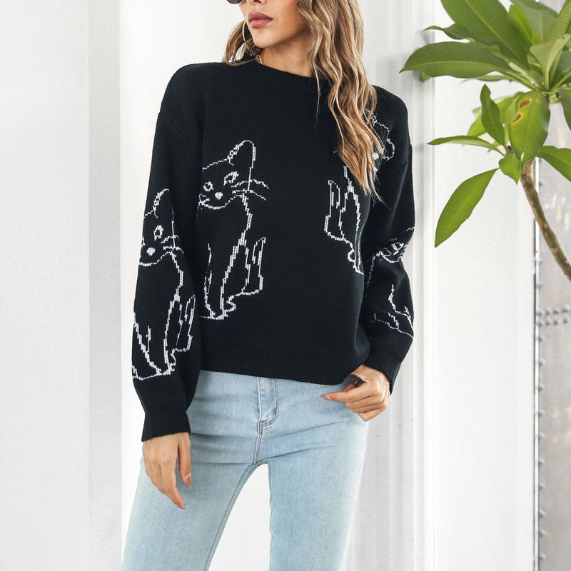 EB | Verspielter Strickpullover Mit Katzenmuster