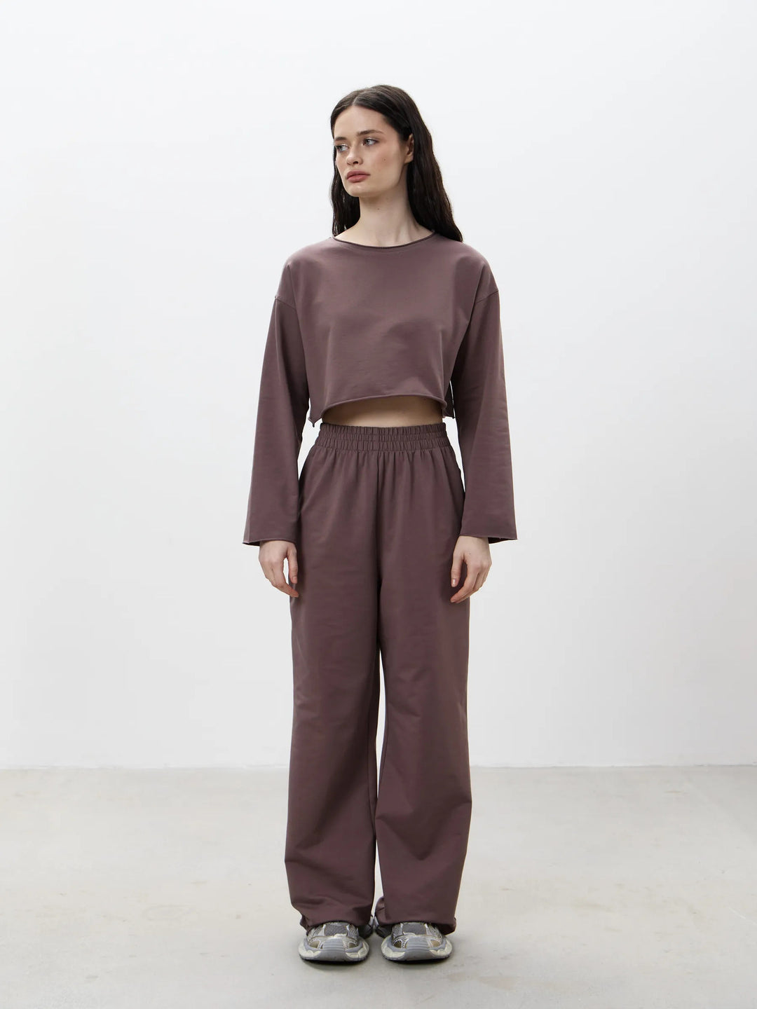 Damen Kurzgeschnittenes Sweatshirt und High-Waist Relax-Jogginghose Set EB