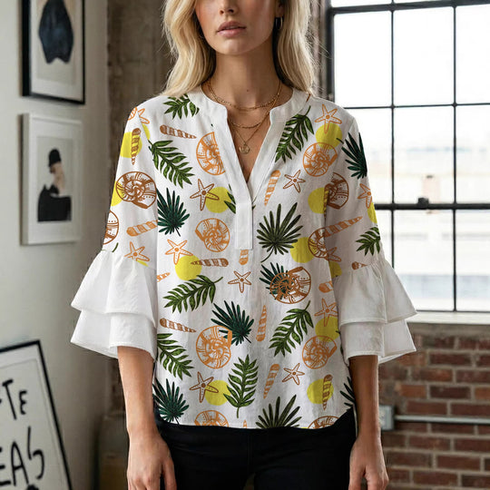 Damen Bluse mit voluminösen Rüschenärmeln und modernem Motiv EB