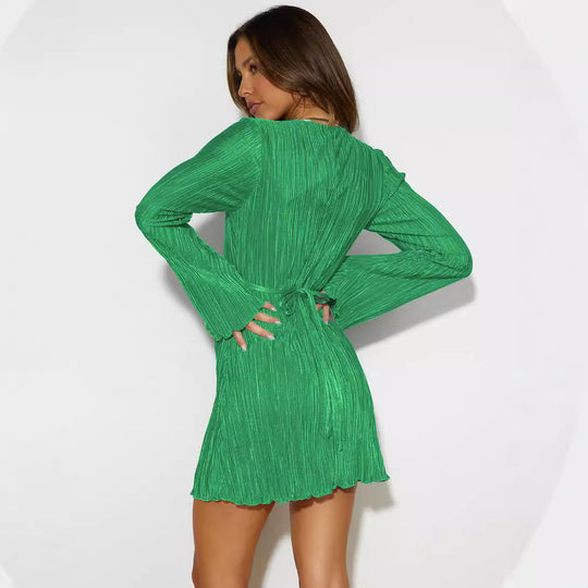 Damen Mini-Wickelkleid mit plissiertem Design und tiefem V-Ausschnitt EB
