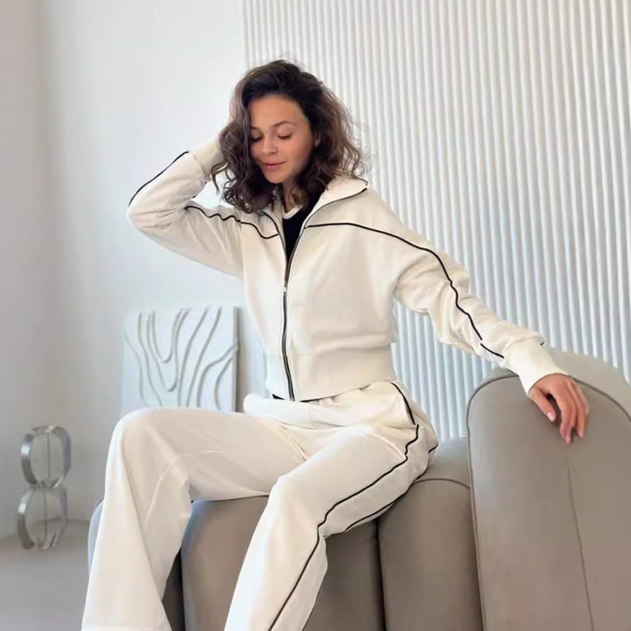 Damen nan zweiteiliges Sport-Loungewear-Set mit Stehkragen und Kontrastpaspel EB