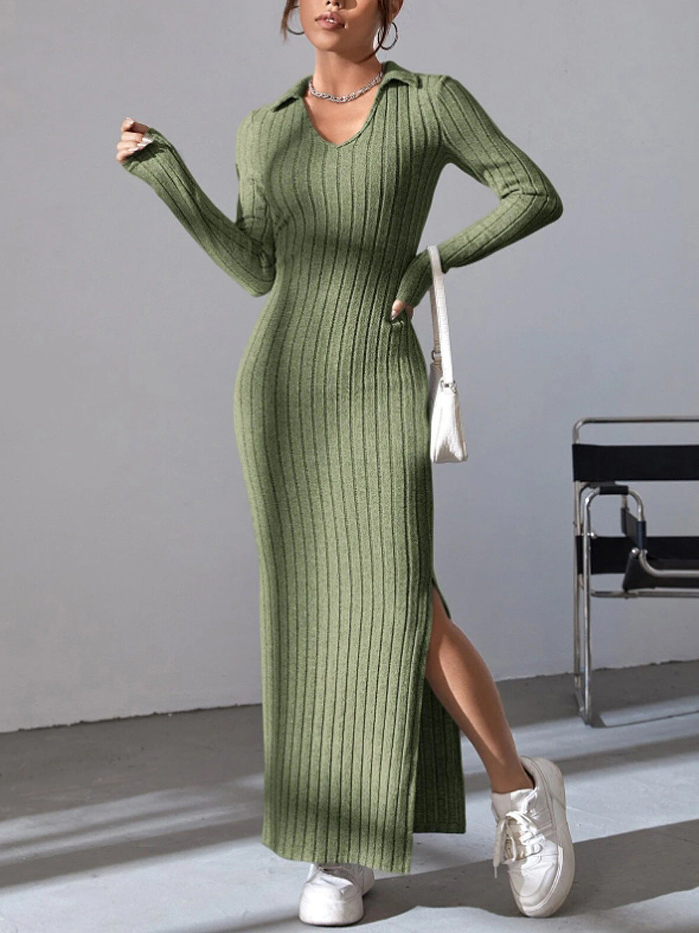 Damen Langarm Maxikleid mit V-Ausschnitt und seitlichem Schlitz EB