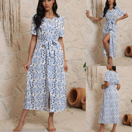 Damen Langarmmaxikleid mit floralem Design und elegantem Bindegürtel EB