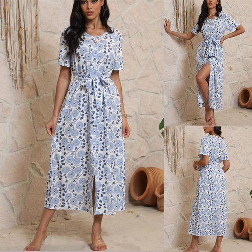 Damen Langarmmaxikleid mit floralem Design und elegantem Bindegürtel EB