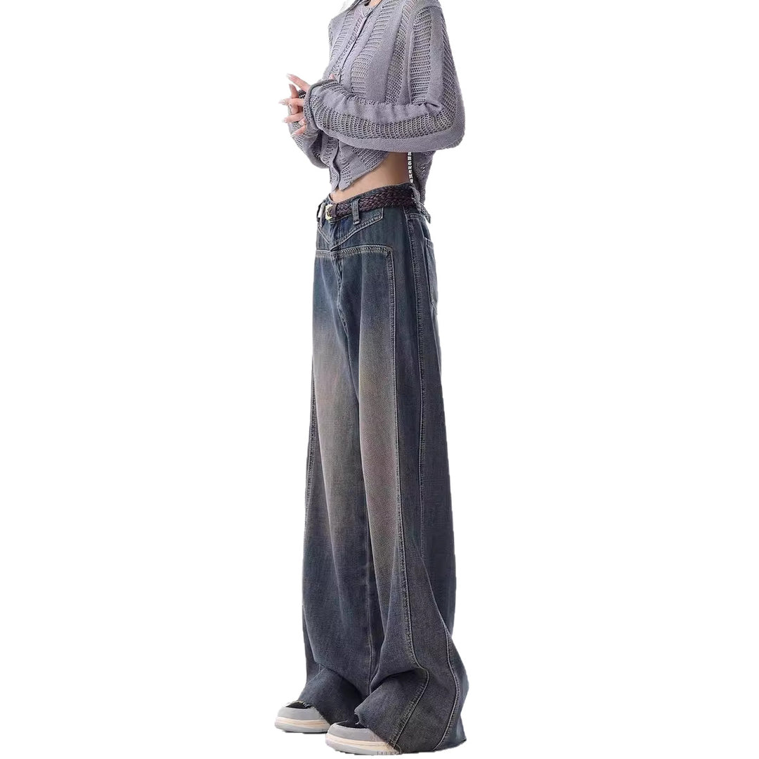 Damen Weite High-Waist Jeans mit lässigen Falten und modischem Design EB