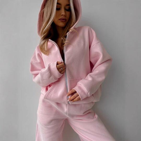 Damen Baumwoll-Fleece Lounge-Set mit Oversize-Zip-Hoodie und Palazzo-Sweatpants EB
