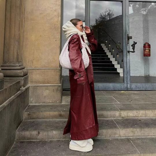 Damen modischer Kunstleder-Mantel mit elegantem Schnitt EB