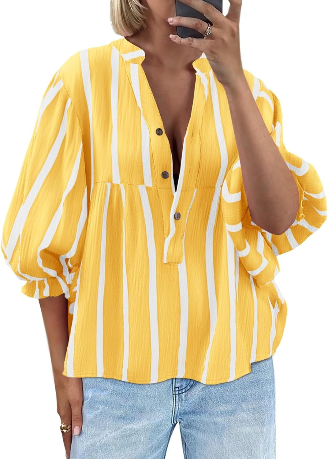 Damen oversize Bluse mit Streifenmuster und Knopfleiste EB