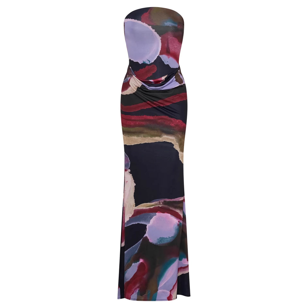 Damen Strapless Maxikleid mit fließendem Stoff und kunstvollem Druck EB