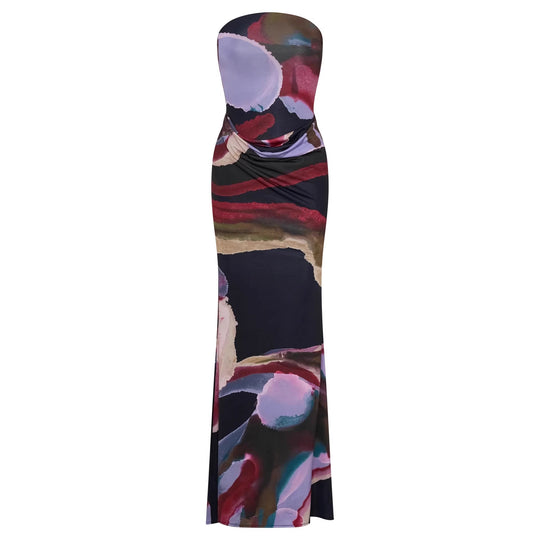 Damen Strapless Maxikleid mit fließendem Stoff und kunstvollem Druck EB