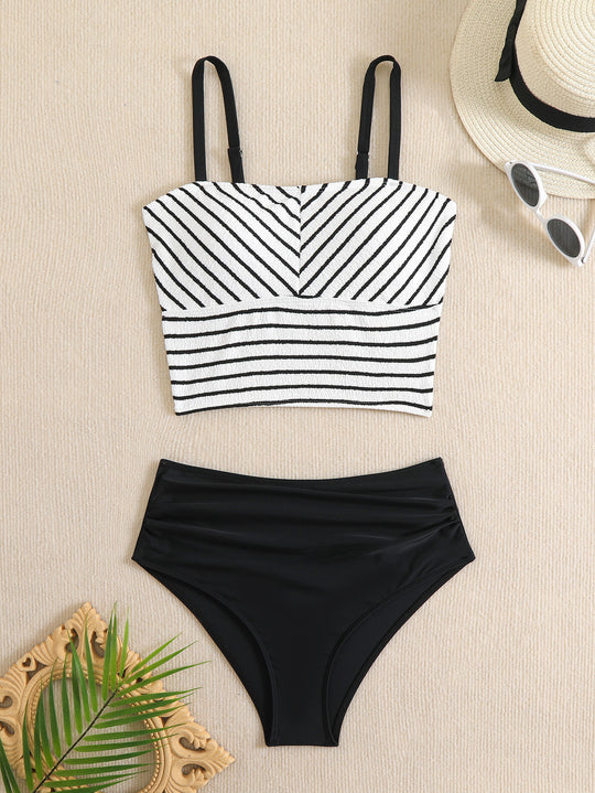 Damen Bikini-Set mit gestreiftem Oberteil und hoch taillierter Hose EB