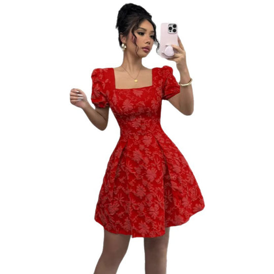 Damen Minikleid mit strukturiertem Blumendesign und Puffärmeln EB