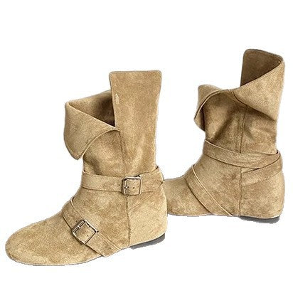 Damen Modische Ankle Boots mit ausgefallenem Klappdesign und dekorativen Schnallen EB