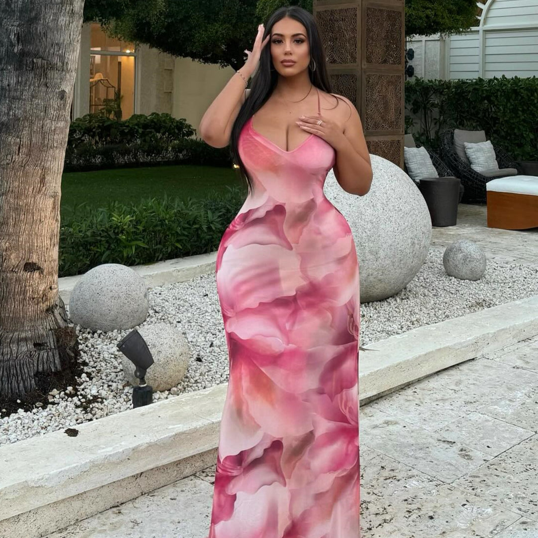 Damen langes Kleid mit floralem Design und Spaghettiträgern EB