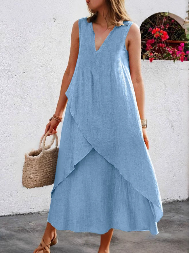 Damen Lässiges Maxikleid mit überlappendem Volant und modernem V-Ausschnitt EB