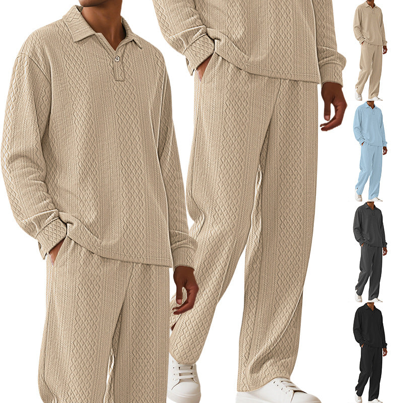 Herren nan Jacquard-Strickset mit Polokragen, legerer Passform und gerader Hose EB