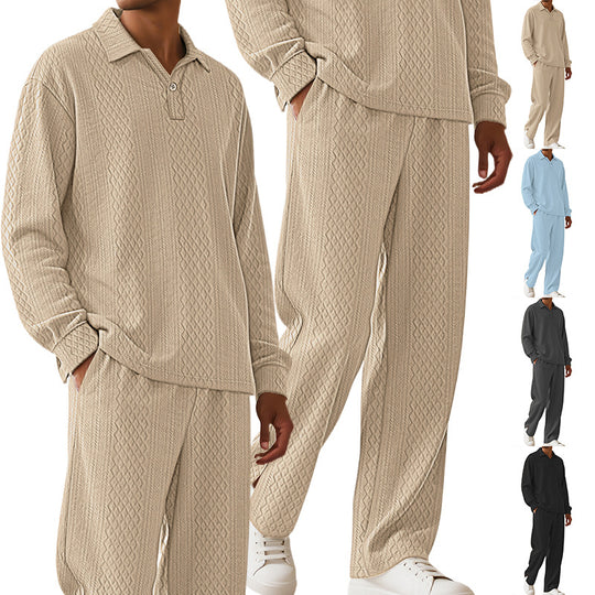 Herren nan Jacquard-Strickset mit Polokragen, legerer Passform und gerader Hose EB