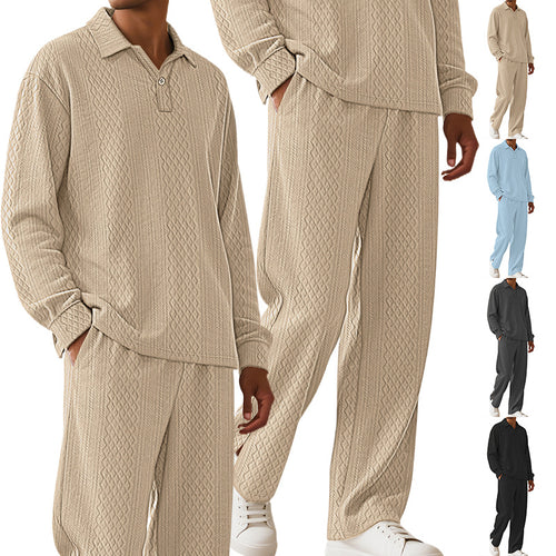 Herren nan Jacquard-Strickset mit Polokragen, legerer Passform und gerader Hose EB